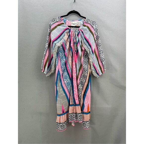 Lulalife Women Multicolor Light Cotton Striped Abstract Shirred Midi Dress Large - Picture 12 of 12